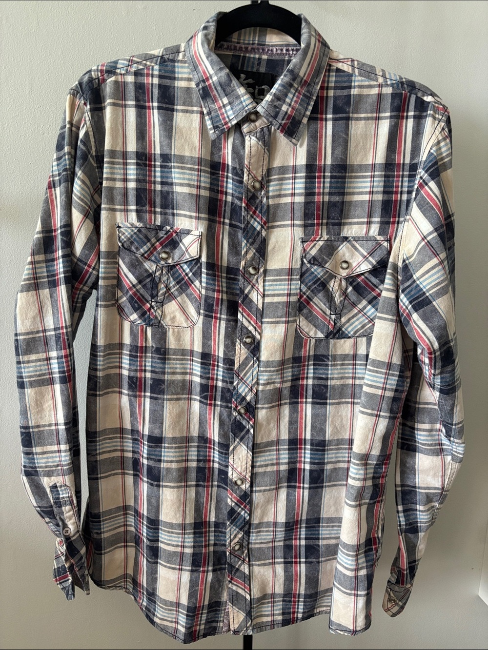 Age of Wisdom Plaid Button-Down Shirt in Blues, Cream & Red - Men’s Medium